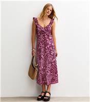 Women's Burgundy Crepe Floral Print Crossover Ruffle Front Midi Dress New Look