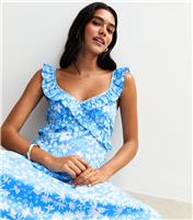 Women's Blue Crepe Floral Print Crossover Ruffle Front Midi Dress New Look