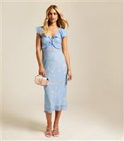 Women's Blue Gingham Floral Print Ruffle Midi Dress New Look