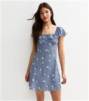 Women's Blue Gingham Floral Print Mini Ruffle Dress New Look