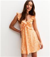 Women's Orange Floral Print Ruffle Trim Mini Dress New Look