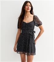 Women's Black Polka Dot Print Chiffon Neck Tie Mini Dress New Look