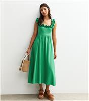 Women's Green Square Neck Ruffled Bow Tie Back Midi Dress New Look