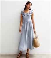 Women's Light Blue Square Neck Ruffled Bow Tie Back Midi Dress New Look
