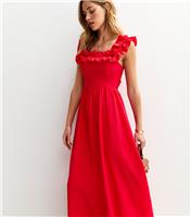 Women's Bright Red Square Neck Ruffled Bow Tie Back Midi Dress New Look