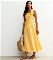 Women's Yellow Square Neck Ruffled Bow Tie Back Midi Dress New Look