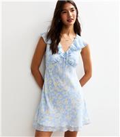 Women's Blue Daisy Print Ruffle Trim Chiffon Mini Dress New Look