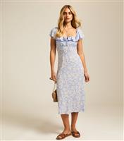 Women's Blue Daisy Print Square Neck Frill Midi Dress New Look