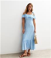 Women's Blue Floral Print Tie Shoulder Ruffled Midi Dress New Look