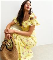 Women's Yellow Floral Print Tie Shoulder Ruffled Midi Dress New Look