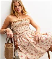 Women's Cream Floral Print Shirred Bandeau Mini Dress New Look