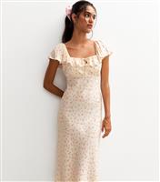 Women's Cream Ditsy Print Square Neck Frill Trim Midi Dress New Look
