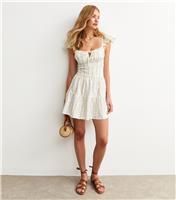 Women's White Floral Print Textured Shirred Waist Tie Front Mini Dress New Look