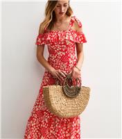 Women's Red Floral Print Shoulder Tie Ruffled Midi Dress New Look
