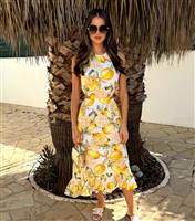 Women's Yellow Lemon Print Cut Out Waist Frill Hem Midi Dress AX Paris New Look