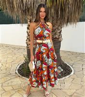 Women's Multicolour Butterfly Print Halterneck Straw Belt Tiered Midi Dress AX Paris New Look