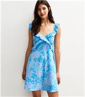 Women's Blue Floral Print Ruffle Front Mini Dress New Look