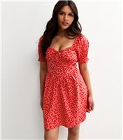 Women's Red Floral Print Puff Sleeve V Front Mini Dress New Look
