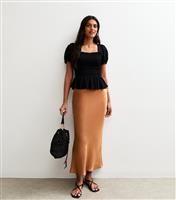 Women's Burnt Orange Satin Bias Cut Satin Midi Skirt New Look