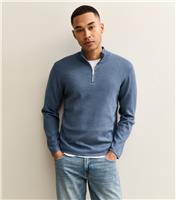 Men's Mid Blue Premium Relaxed Funnel Neck Quarter Zip Jumper New Look