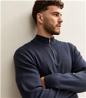 Men's Navy Premium Relaxed Funnel Neck Quarter Zip Jumper New Look