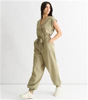 Women's Khaki Tie Front Wrap Jumpsuit Gini London New Look