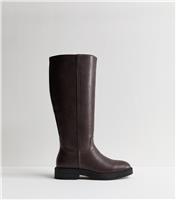 Women's Burgundy Faux Leather Knee High Riding Boots Vegan New Look