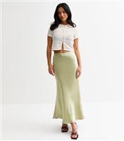 Women's Petite Light Green Satin Midi Skirt New Look