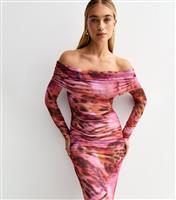 Women's Pink Butterfly Print Mesh Bardot Midi Dress New Look