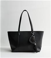 Black Leather Look Charm Tote Bag Vegan New Look