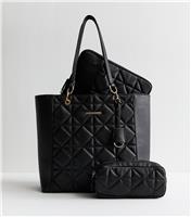 Black Faux Leather Diamond Quilted Tote Bag and Accessories Trio Vegan New Look
