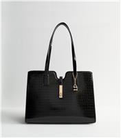 Black Croc Effect Leather-Look Tote Bag Vegan New Look