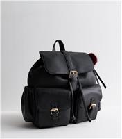 Black Faux Leather Multi-Pocket School Backpack Vegan New Look