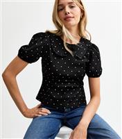 Women's Black Jersey Polka Dot Crinkle Collar Top New Look