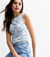 Women's Blue Check Patterned Ruched Side Mesh Top New Look