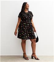 Women's Plus Size Black Fruit Print Tea Mini Dress Curves New Look