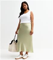 Women's Plus Size Green Satin Bias Cut Midi Skirt Curves New Look