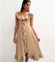 Women's Stone Ruffled Trim Asymmetric Hem Midi Dress New Look