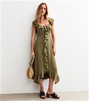 Women's Khaki Ruffled Trim Asymmetric Hem Midi Dress New Look