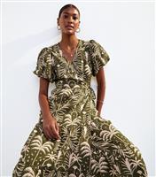 Women's Khaki Palm Print Puff Sleeve Wrap Midi Dress New Look
