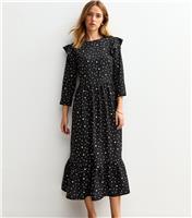 Women's Black Polka Dot Ruffle Trim Midi Dress Urban Bliss New Look