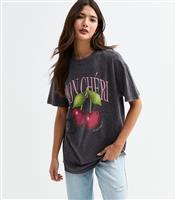 Women's Dark Grey Acid Wash Mon Cheri Print T-Shirt New Look