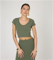 Women's Green Ribbed Scoop Neck Cropped T-Shirt WKNDGIRL New Look