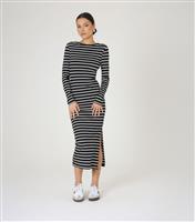 Women's Black Striped Scoop Back Midi Dress WKNDGIRL New Look