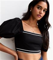 Women's Black Ric Rac Trim Puff Sleeve Crop Top New Look