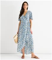 Women's Blue Floral Print Wrap Midi Dress Gini London New Look