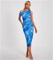 Women's Blue Abstract Print Off The Shoulder Midi Dress Quiz New Look