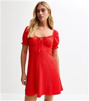 Women's Red Crinkle Texture Milkmaid Mini Dress New Look