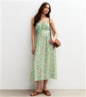 Women's Green Floral Print Strappy Milkmaid Midi Dress New Look