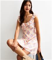 Women's Cream Check Print Sweetheart Tie Back Mini Dress New Look